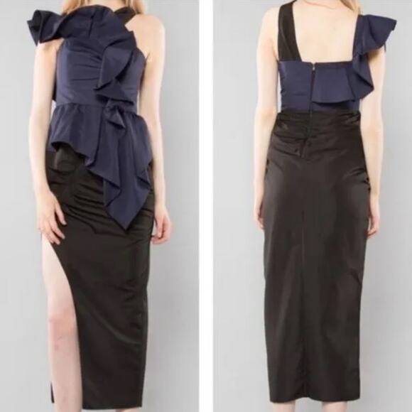 Self-Portrait Size 4 Navy Blue Black Asymmetrical Ruffle Midi Dress $580 - Picture 2 of 6